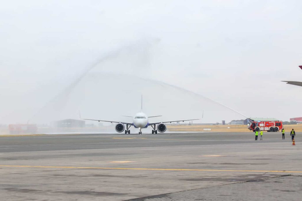 IndiGo plane receives water cannon salute as it lands at the Jomo Kenyatta International Airport in Nairobi recently. (photo:courtesy). 
