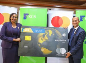 Shehryar Ali, Mastercard Senior Vice President and Country Manager for East Africa and Indian Ocean Islands (Left) and KCB Bank Kenya Managing Director, Mrs. Annastacia Kimtai (Right) during the launch of the new Mastercard Exclusive World Elite Card 